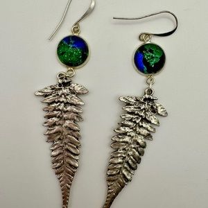 “Fern of the Earth” Silver. Blue and Green Fern Drop Earrings by Nina Juniper